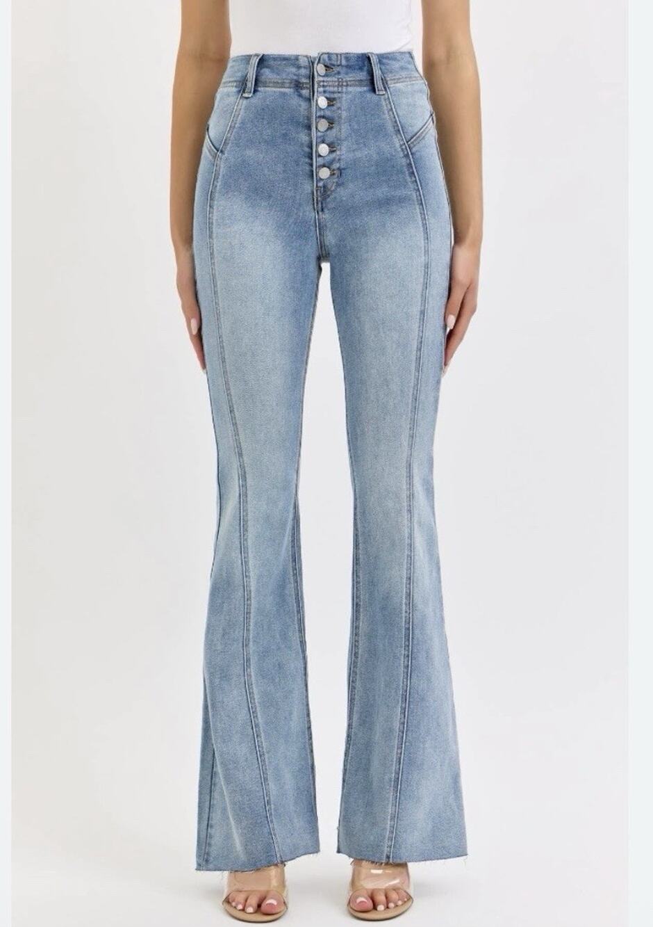 Cello Women’s Light Wash Blue High Rise Flared Denim Jeans Button Fly 27